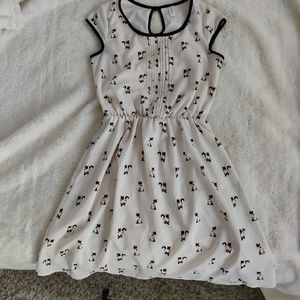 White Cat Print Cap-Sleeve Dress with Black Trim